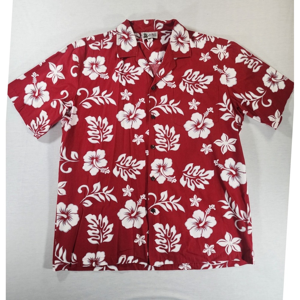 Aloha Republic Button Up Shirt Mens Large Red Hibiscus Floral Made in USA Hawaii